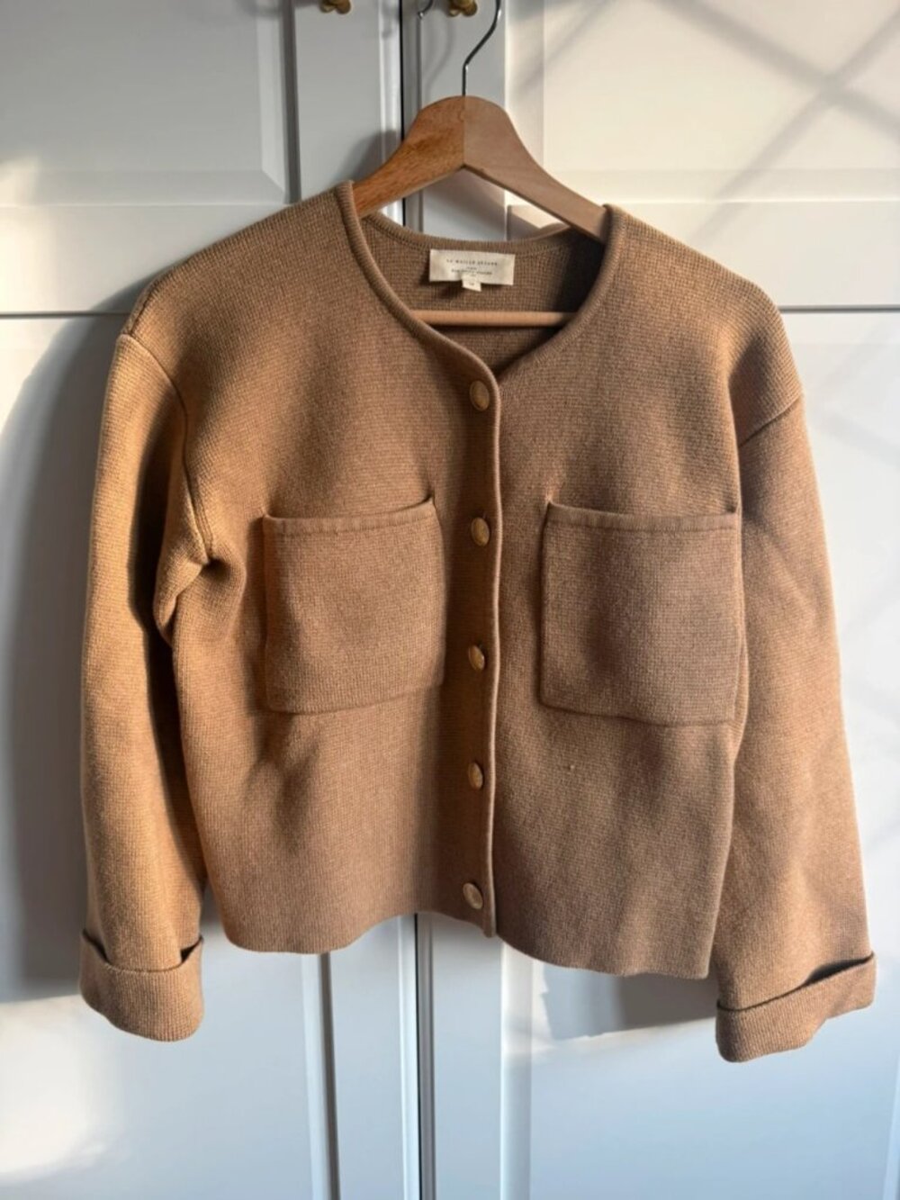 Sezane Jules Camel Knit Jacket Gold Button Cardigan Women's Size M